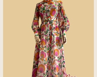 Vintage retro 1970s silk floral maxi dress