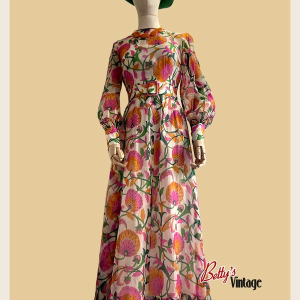 Vintage retro 1970s silk floral maxi dress