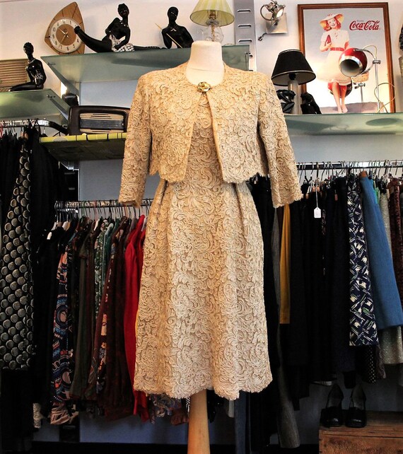 Vintage 1950's beige guipur cocktail set (lace), h