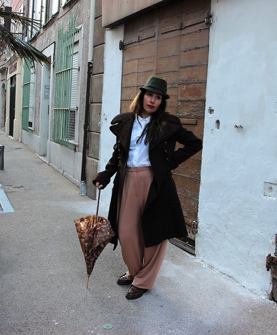 60s vintage chocolate brown winter coat. Wool and… - image 5