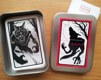 Noir Werewolf -  ( 2nd Edition - IRON GREY Edition) -- Party Game -- 33 Illustrated Cards in a noble Metal Box with English and German Rules