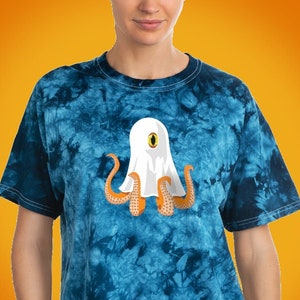 Octopus dressed as a ghost for halloween shirt, for Octopus and halloween lovers, premium deep blue space edition.