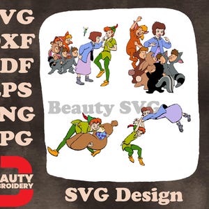 Peter Pan und Darling Kinder - Wendy John Michael mit Nana und verlorenen Jungen - Nimmerland Abenteuer Gruppe SVG