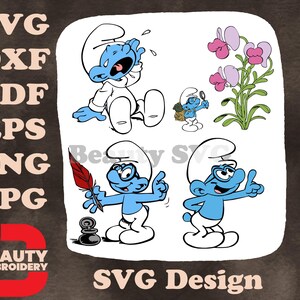 I Puffi, Puffo goffo, Grande Puffo con fiori e Puffo scherzoso che esplode il regalo SVG