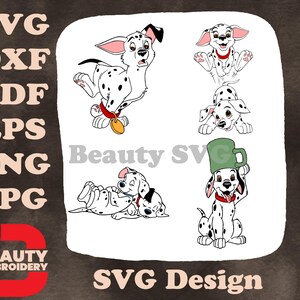 Illustrazioni SVG di Disney "La carica dei 101" con cuccioli che dormono e un cane adulto con un cucciolo sulla testa e un cappello