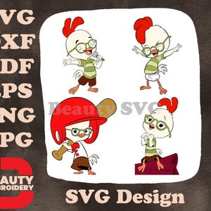 Personagem principal de Chicken Little em várias poses de ação, incluindo herói do beisebol SVG