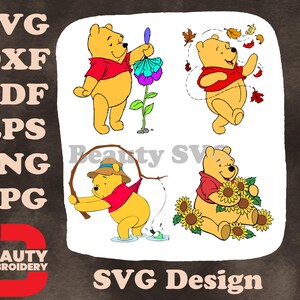 Winnie The Pooh Bär mit Blumen Angeln Herbstblätter und Sonnenblumen SVG