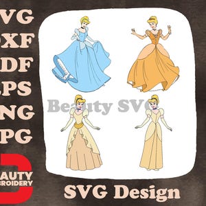 Disney Cinderela em vestido de baile azul, vestido dourado, vestido camponês, vários trajes, coleção SVG
