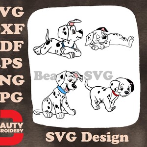 Disney 101 Dálmatas, filhote de coleira azul descansando, adulto, caminhando, vários filhotes, ilustrações SVG