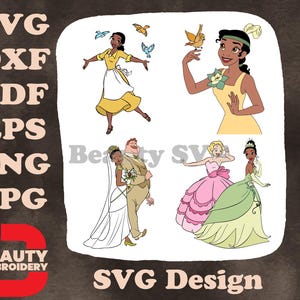 Collezione SVG di Tiana, principessa Disney e rana con abito da sposa a farfalla di Charlotte Friends