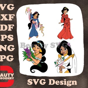 Princesse Jasmine d'Aladdin, tenues diverses, poses gracieuses avec chat et fleurs SVG