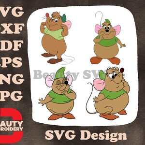 Ratinho Gus da Cinderela com linha de costura para xícara de chá, várias poses fofas SVG