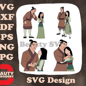 ムーランとリー・シャンの様々なクローズアップと全身のロマンチックなやりとりポーズSVG