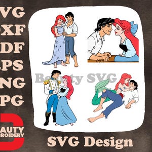 A Pequena Sereia Ariel e o Príncipe Eric em Vestido Azul e Várias Poses Românticas SVG