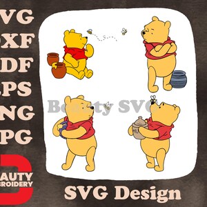 Ursinho Pooh da Disney com potes de mel, pensando em comida favorita com mel, designs SVG