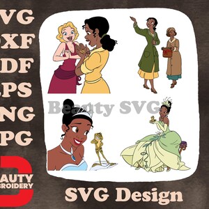 Gráficos SVG de la princesa y el sapo de Disney Tiana, Charlotte La Bouff, el príncipe Naveen y sus amigos.