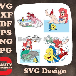 De kleine zeemeermin - menselijke Ariel met zeevrienden in fontein - Scuttle Bot Sebastian - Disney Fun SVG