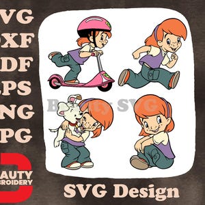 Pound Puppies Style Girl On Scooter With Dog And Various Girl Character Poses SVG