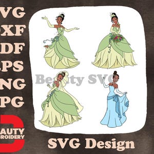 Disney Princesse et grenouille Tiana robe verte gracieuse debout et danse SVG Art