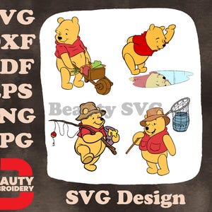 Winnie The Pooh Bear - Honig Eislaufen Angeln Schmetterlingsnetz - Outdoor Pooh Bear Saisonale Abenteuer SVG