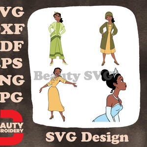 Disney Prinzessin und Frosch Tiana Arbeitskleid Gelbes Kleid Blaues Kleid Nahaufnahme SVG Illustrationen