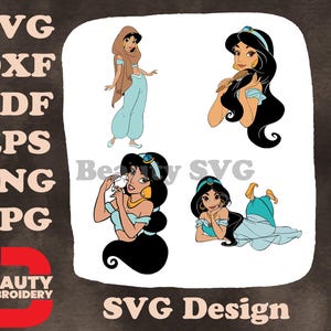 Ensemble bleu signature princesse jasmin d'Aladdin, personnage dynamique et gracieux, poses SVG