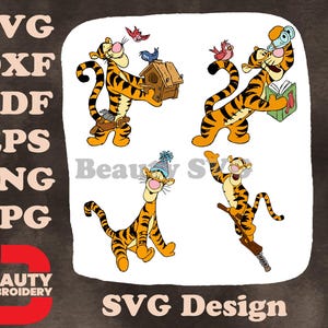 Winnie the Pooh - Tigger, un niño estudioso y divertido - Poses de pájaros con gafas de lectura y sombrero de fiesta - Bosque de los Cien Acres SVG