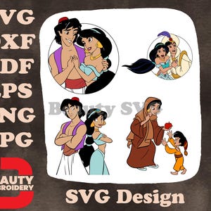 Aladdin Principessa Jasmine e Aladdin Momenti romantici e teneri abbracci Clipart SVG