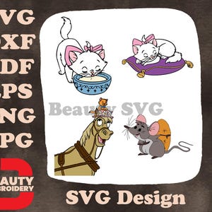 Les aristochats - Marie chaton sur coussin Frou Frou le cheval Roquefort La souris - Disney Animal Friends Of Paris SVG