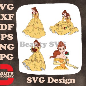 La Belle et la bête Belle collection de robes de bal jaunes poses gracieuses avec rose SVG