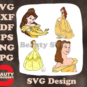 La Belle et la bête Belle, portraits en robe de bal jaune et vues gracieuses du corps entier SVG
