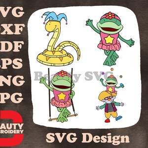 Jojos Circus Croaky Frog Jester Snake Clown e Pequeno Elefante Atos de Circo SVG