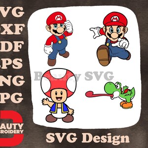 Super Mario Universe - Mario sautant et se tenant debout - crapaud et Yoshi le dinosaure - personnages Nintendo bien-aimés SVG