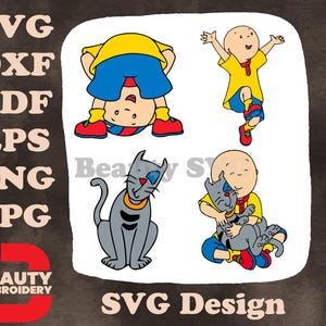 Caillou en Gilbert de kat spelen verstoppertje kinderen educatieve stripfiguren SVG-illustraties