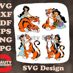 Colección de poses afectuosas de la princesa Jasmine de Aladdin con su fiel tigre Rajah SVG