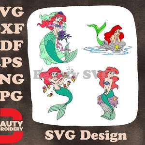 A Pequena Sereia Ariel com Flores no Cabelo em uma Rocha e Várias Poses de Sereia SVG