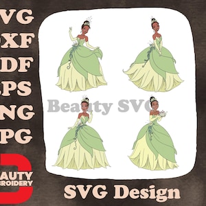 Disney Princesse et grenouille Tiana vert nénuphar robe diverses poses élégantes graphiques SVG