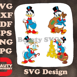 Disney Ducktales Paperone con il bastone, sacchi di soldi, monete d'oro, conteggio della ricchezza, illustrazioni SVG