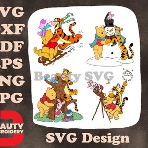 Winnie The Pooh Tigger Ferkel Rodeln Schneemann Stapeln und Angeln Winterspaß SVG