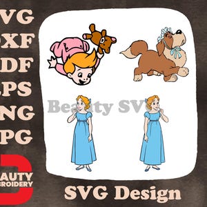 Peter Pan'S Wendy Darling in blauwe nachtjapon en Nana The Faithful St Bernard Dog - Gentle Friends Of Neverland SVG