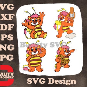 Popples Style Cartoon Characters - Orange And Yellow Poom Popples With Pom Poms And Bat - Retro Cartoon Fun SVG