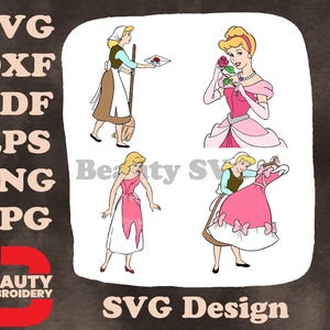 Coleção de poses variadas de Cinderela em trapos servindo e vestido rosa SVG