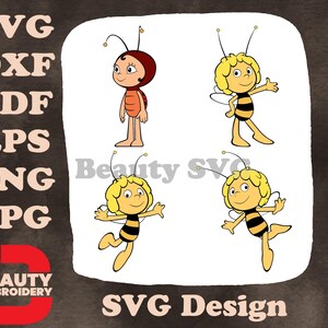 Conjunto de personagens SVG da abelha Maya, várias poses fofas em pé, voando e dançando