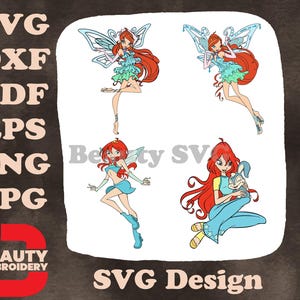 Winx Club Bloom, diverses formes de fées et personnages magiques gracieux dans des poses SVG