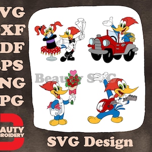 Pica-pau, personagem clássico de desenho animado, várias poses, chapéu mágico e no carro SVG