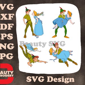 Peter Pan e Wendy Darling voando juntos pelo céu noturno - Cenas românticas de voo na Terra do Nunca - Casal Disney SVG