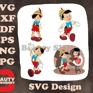 Pinocho en poses clásicas de pie con escenario de espectáculo de marionetas y marioneta SVG