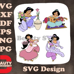 Princesa Jasmine de Aladdin em vários trajes tocando alaúde e segurando flores SVG