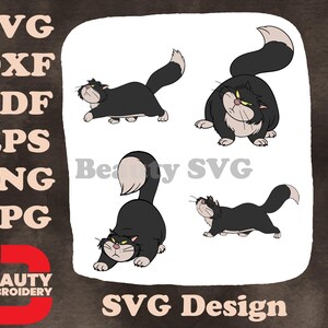 Cinderela Lúcifer, o gato, se espreguiçando e olhando para cima, várias poses expressivas SVG