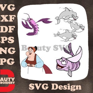 Personagens da Pequena Sereia Louis, o Chef Sebastian, Caranguejo e Vários Peixes SVG